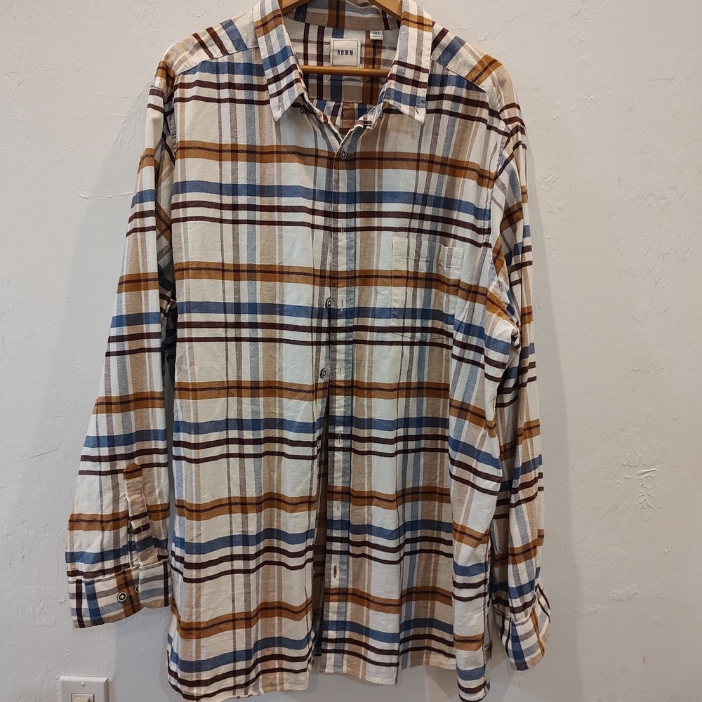 ROWM Cotton Plaid Long Sleeve Button Up BlueTan Brown Sz 3X Tall Fall Holiday
